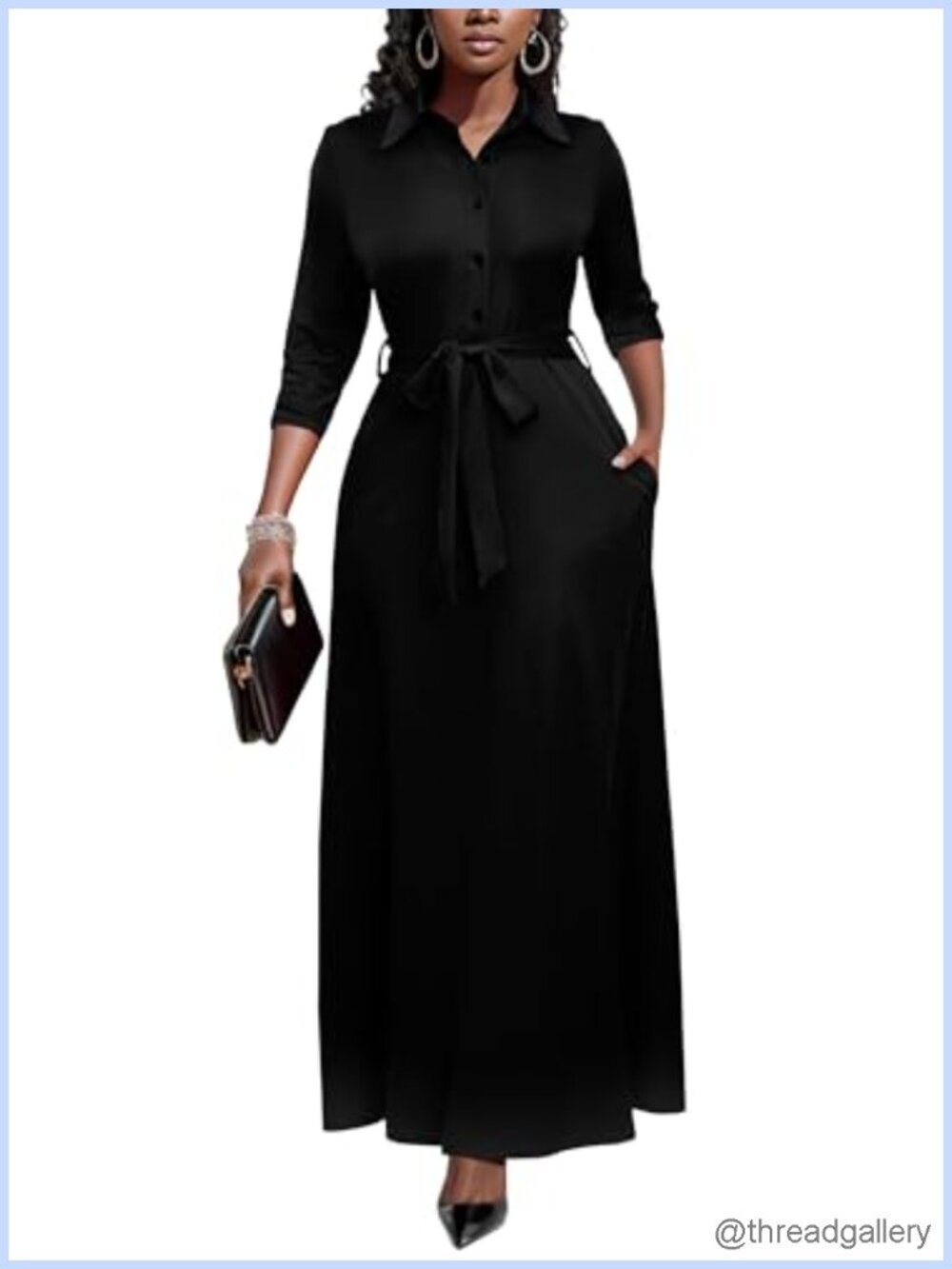 Runwind Womens Maxi Dress 3/4 Sleeve Button Down Church Dress with Pockets